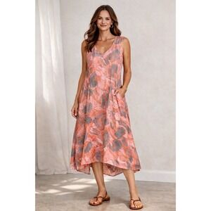 Lands Downunder Linen Dress XL Coral Abstract Print Lagenlook Artsy Midi Pockets